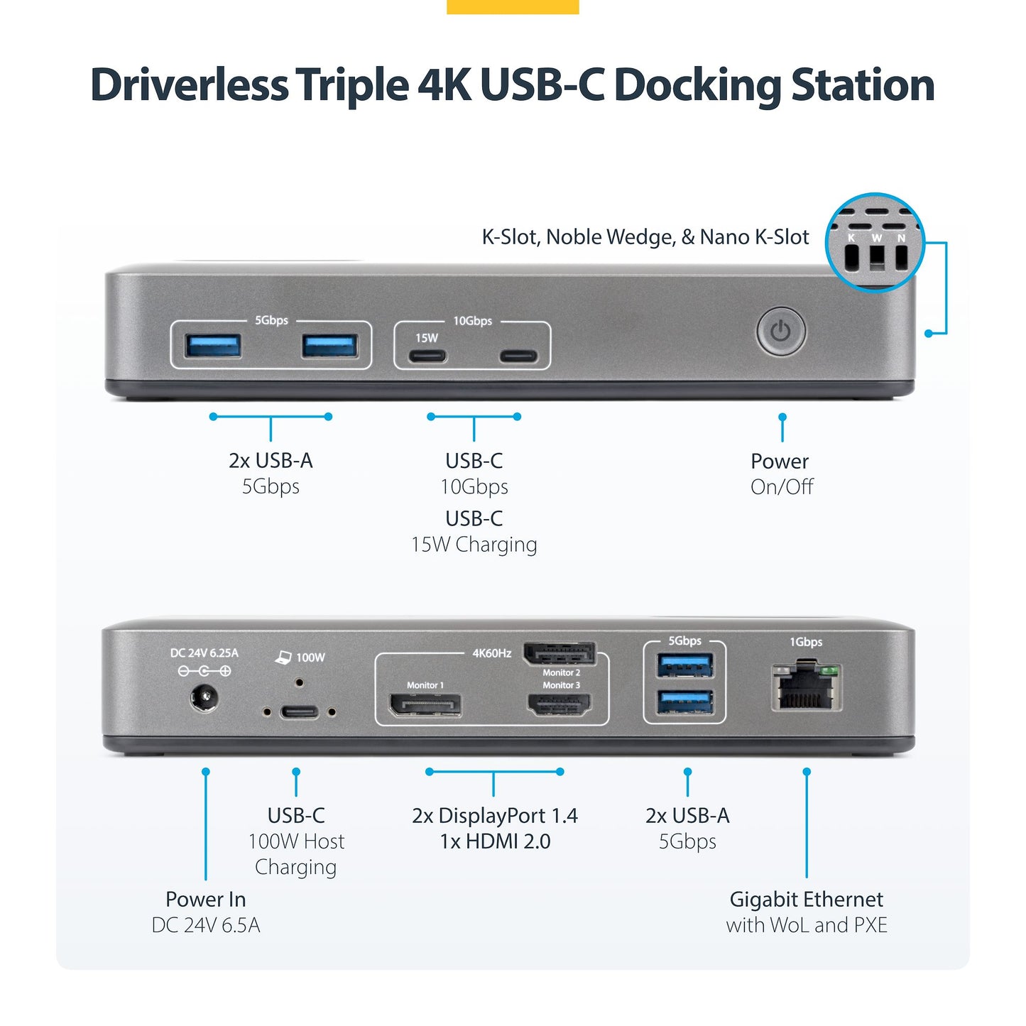 StarTech.com 199N-USBC-DOCK USB-C Triple 4K@60Hz Monitor Dock, 100W PD, 2x DP+HDMI, GbE, 6x USB, Driverless (199N-USBC-DOCK)