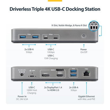 StarTech.com 199N-USBC-DOCK USB-C Triple 4K@60Hz Monitor Dock, 100W PD, 2x DP+HDMI, GbE, 6x USB, Driverless (199N-USBC-DOCK)