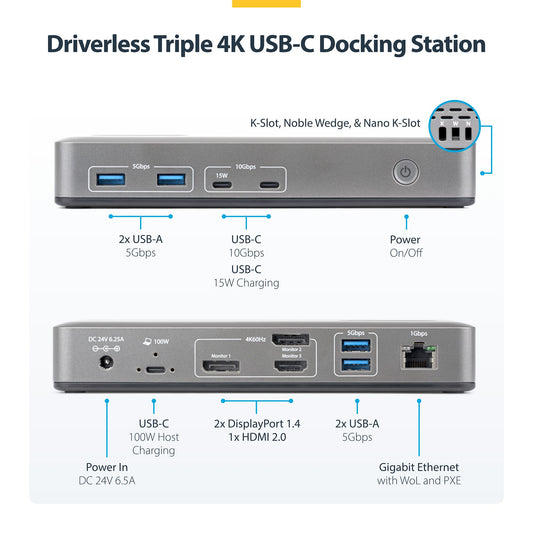 StarTech.com 199N-USBC-DOCK USB-C Triple 4K@60Hz Monitor Dock, 100W PD, 2x DP+HDMI, GbE, 6x USB, Driverless (199N-USBC-DOCK)