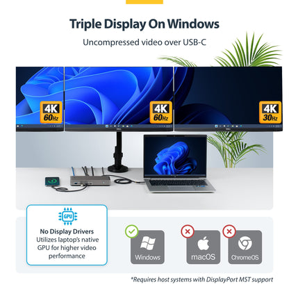 StarTech.com 199N-USBC-DOCK USB-C Triple 4K@60Hz Monitor Dock, 100W PD, 2x DP+HDMI, GbE, 6x USB, Driverless (199N-USBC-DOCK)