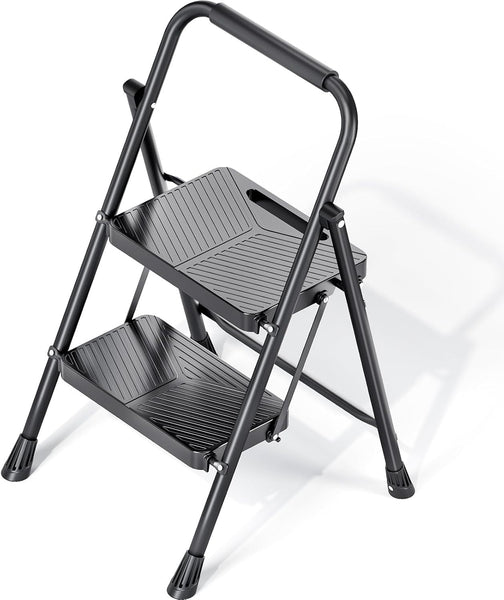 2-Step Steel Ladder with Handrail, Anti-Slip Pedals, Safe Lock, 500lbs, Black