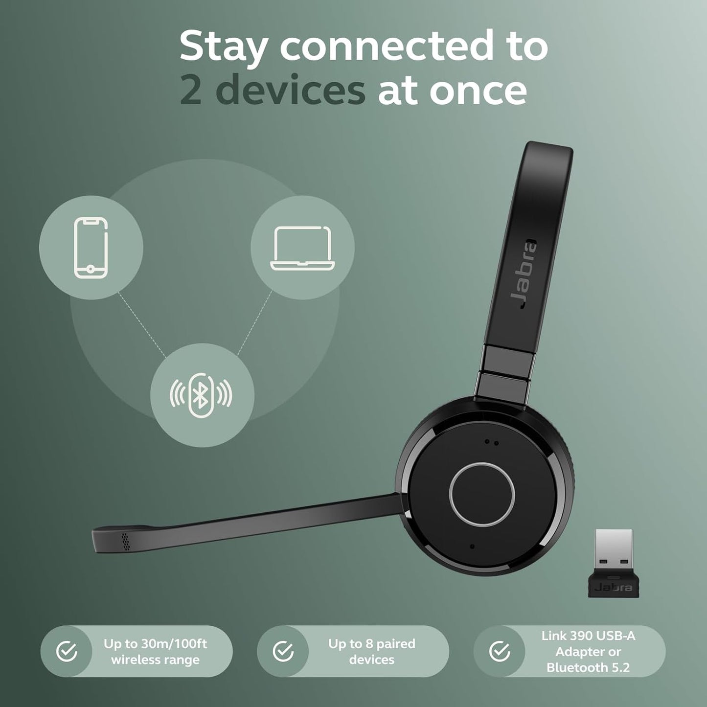 Jabra Evolve 65 TE UC Stereo Wireless Headset | USB-A BT5.2 16H Talk 37H Listen | MPN: 6699-833-499-01