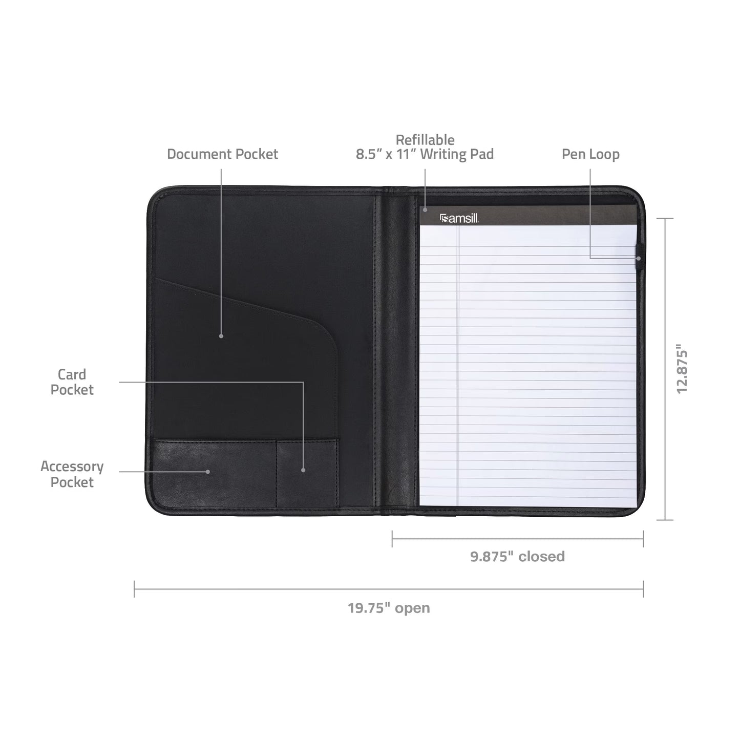 Samsill Professional Leather Padfolio | Black | Snap Closure Business Card Holder | MPN: 70810