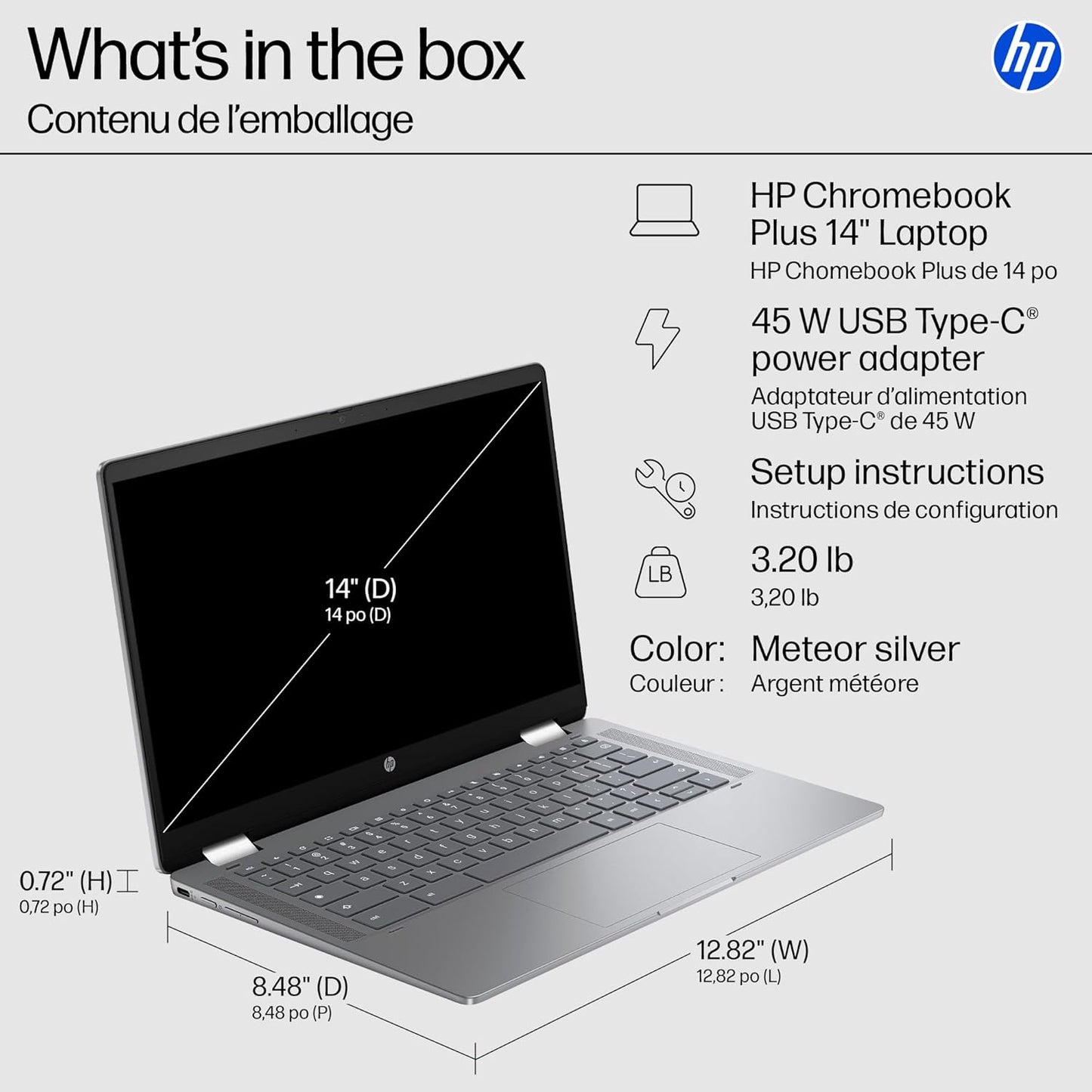 HP 14a-nf0006ca Refurbished Chromebook Plus 14 Inch FHD Intel Core i3-N305 8GB 128GB Chrome OS Meteor Silver
