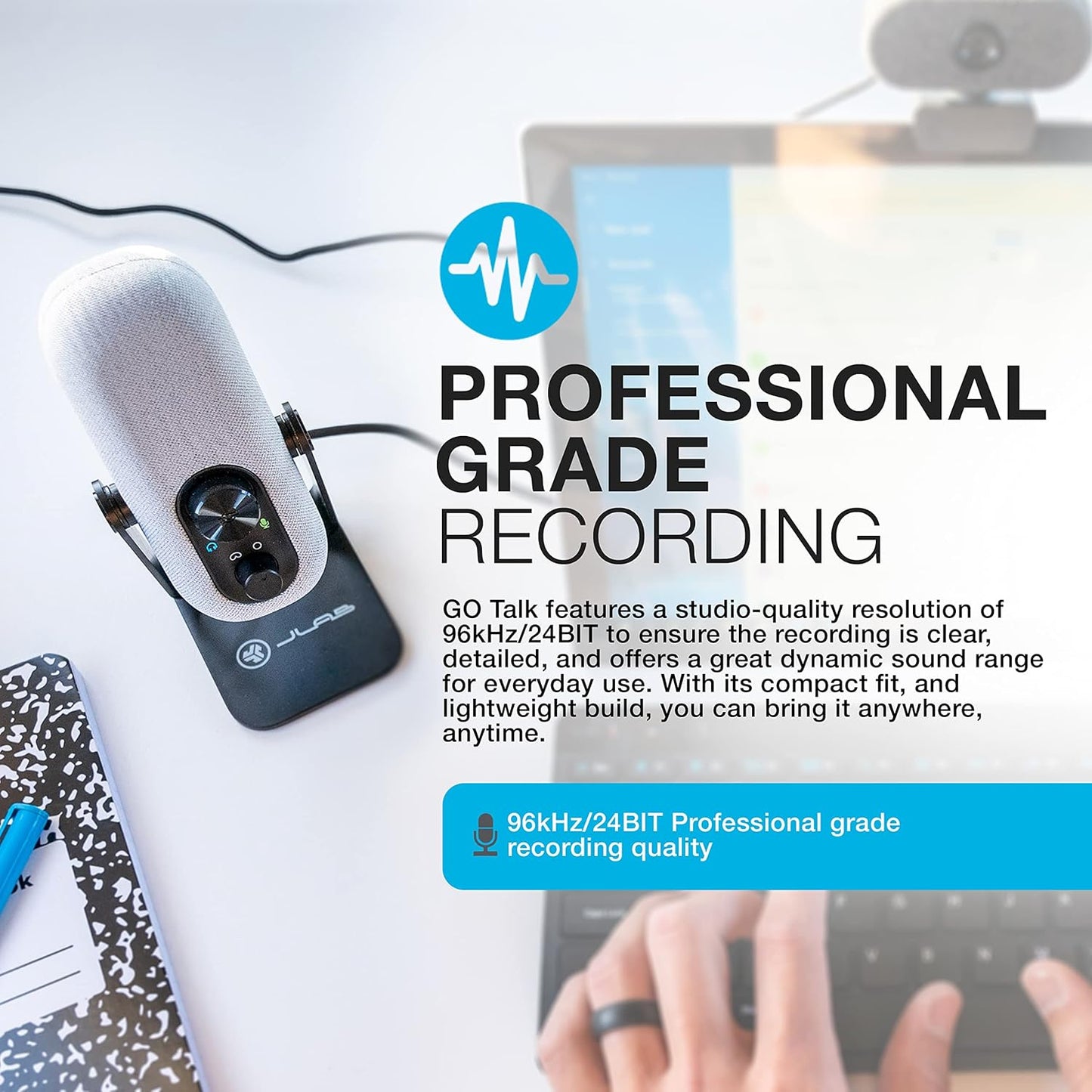 JLab Go Talk USB Condenser Microphone, White – Plug-and-Play for Podcasting & Gaming
